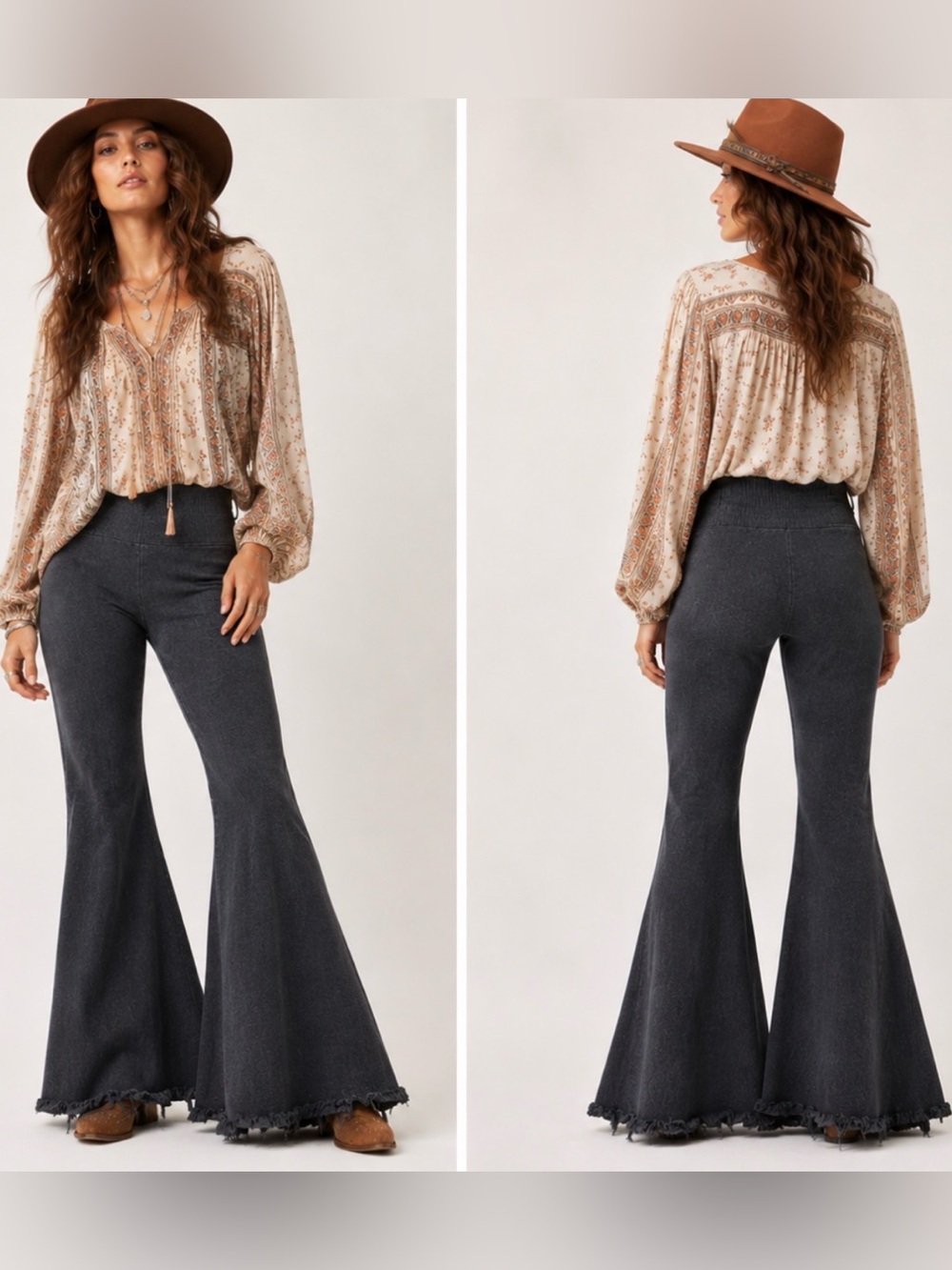 L&B Charcoal Black 70’s Pull up Boho Grunge Festival Wide-Leg Flare Jeans Small